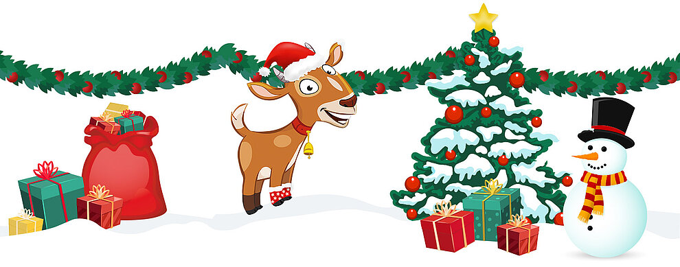 Egy Mikulás-sapkát viselő rénszarvas áll egy hóember és egy piros díszekkel és sárga csillaggal díszített karácsonyfa mellett, a földön egy zsák ajándékkal és több becsomagolt ajándékkal.