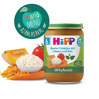 Egy üveg bébiétel német nyelvű címkével, körülötte a fő összetevőkkel.