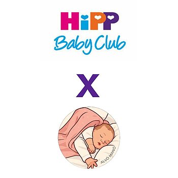 A "HiPP Baby Club" stilizált logója egy nagy "X" betűvel és egy alvó csecsemő kör alakú ábrájával.