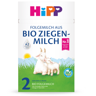 Egy bébiétel termékcímke kecske és kecske illusztrációval, biominősítéssel és a csecsemőknek szánt 2. fázisra utaló szöveggel.