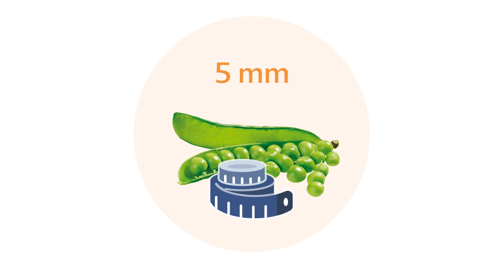 A 5mm diameter pea pod with green peas and a measuring tape.