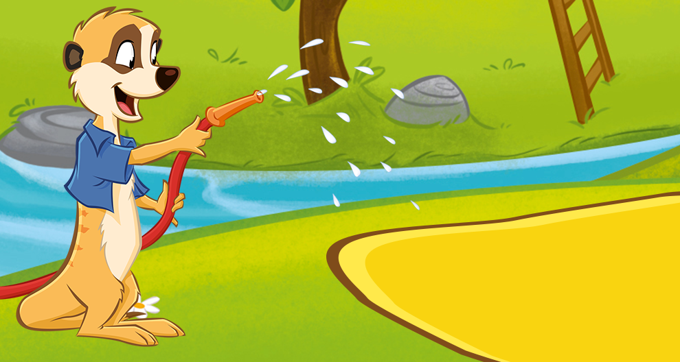 A meerkat is watering a patch of grass with a hose.