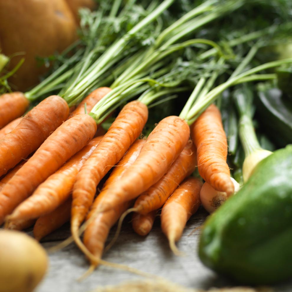 Carrots with green tops.