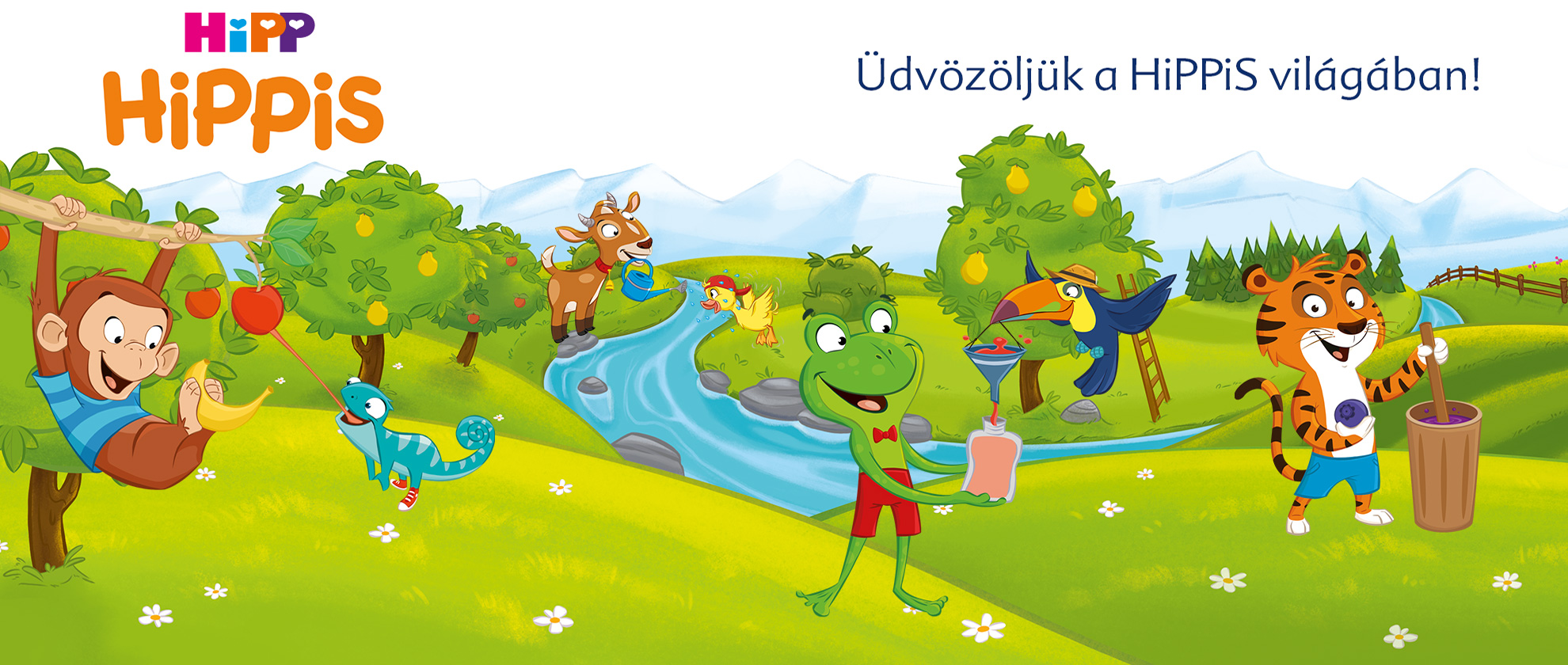 Egy majom leng egy faágról, egy béka tart egy üveget, egy tigris áll egy dombon, és számos állat játszik egymással a buja tájban.