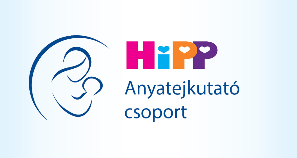 Egy ölelkező anya és gyermek stilizált ábrázolása, a "HiPP Anyatejkutató csoport" szöveggel, amely egy anya- és gyermektámogatással kapcsolatos márkát vagy szervezetet jelez.