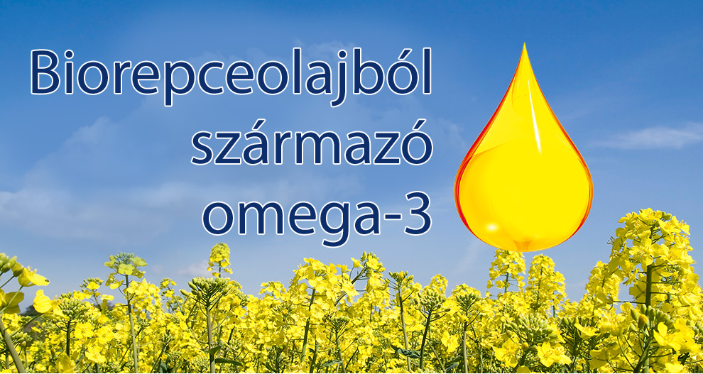 Egy olajcsepp lebeg egy sárga virágmező felett kék ég alatt, a "Biorepcolajbol szarmazo omega-3" szöveggel.
