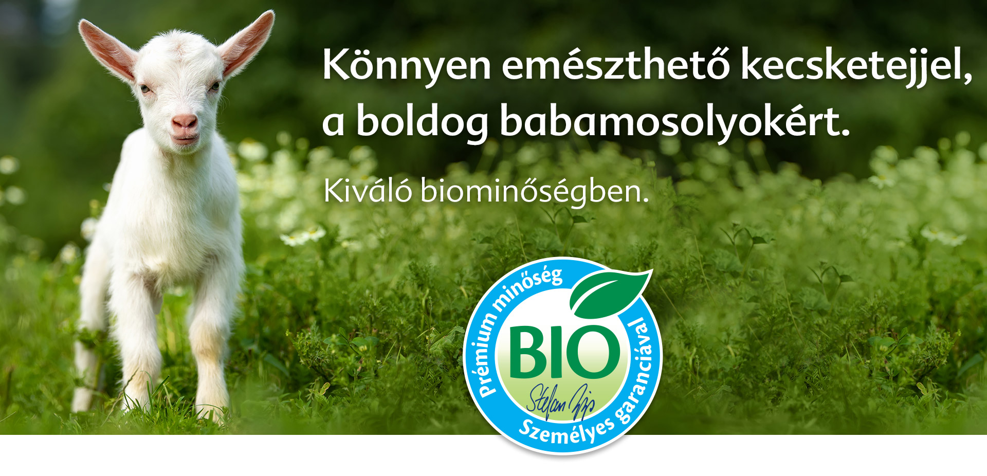 Zöld mezőn egy fehér kecske áll, előtérben kék-fehér bio logóval.