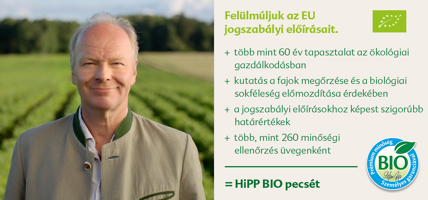 Egy zöld kabátos férfi áll egy zöld mező előtt, a jellemzők listája és egy bio logó mellett, alul a "HIPP BIO pecset" szöveggel.