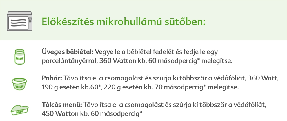 Szöveges használati utasítás a mikrohullámú sütő használatához, a különböző ételek teljesítménybeállításainak és főzési idejének részleteivel.