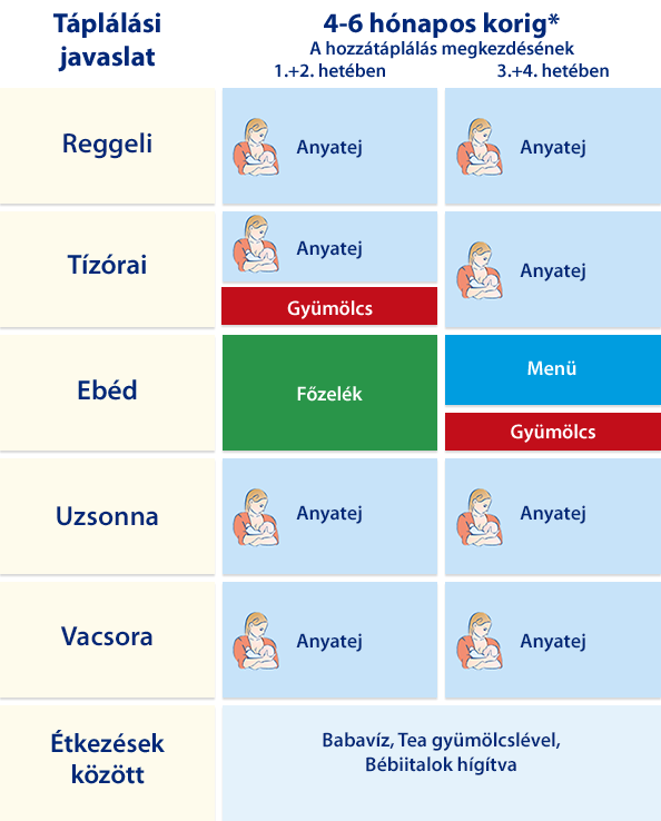 A csecsemők etetési ütemtervét részletező, korcsoportok szerint kategorizált, strukturált táblázat, amely meghatározza az adandó táplálék típusát és az etetések gyakoriságát.
