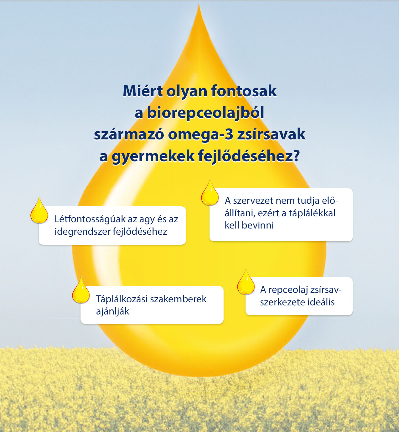 Egy nagy olajcsepp idegen nyelvű szöveggel, és négy kisebb csepp szöveggel, amelyek látszólag az olajról magyaráznak vagy adnak információt.