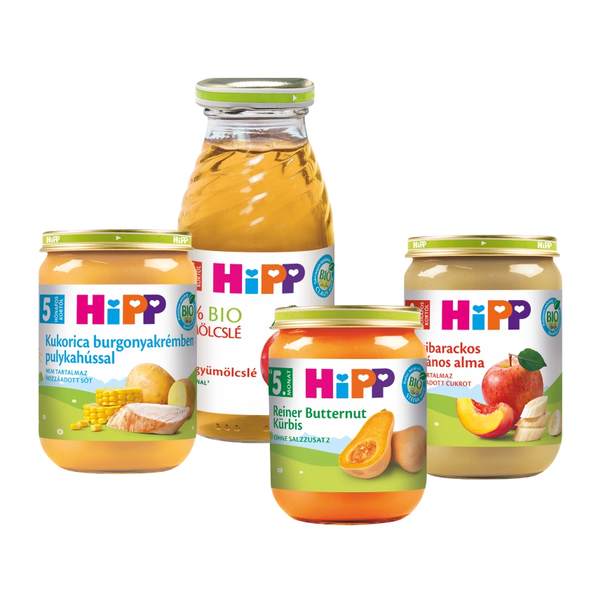 Négy tégely és egy üveg bébiétel a "HiPP" márkából.